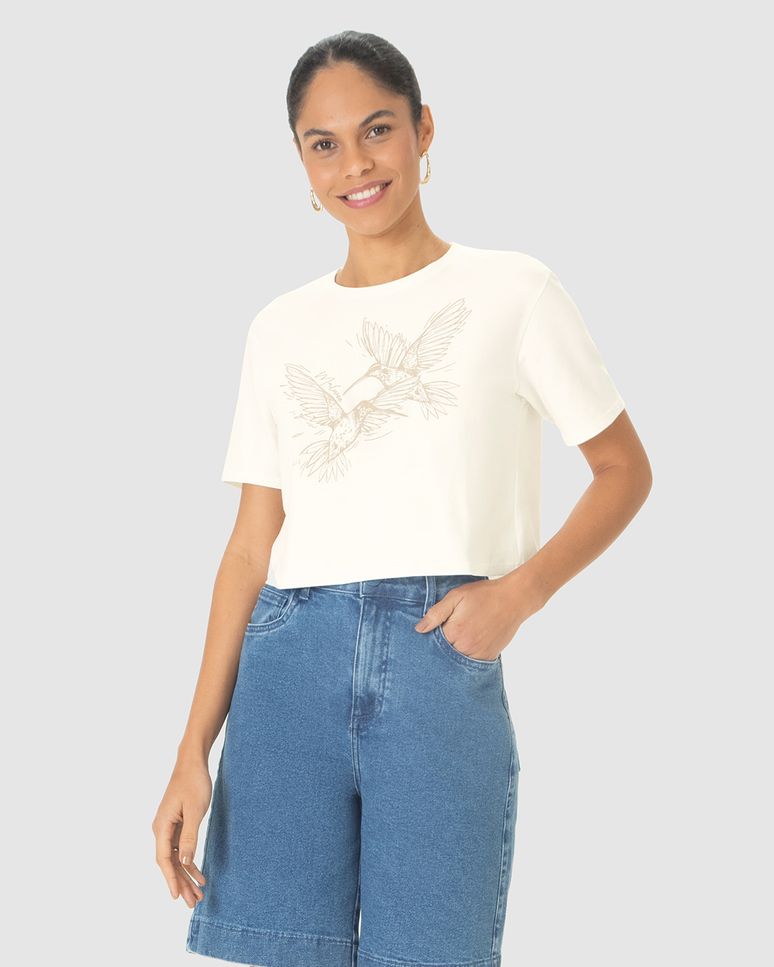 Camiseta Cropped Feminina Estampa Alto Relevo Pássaros Em Algodão