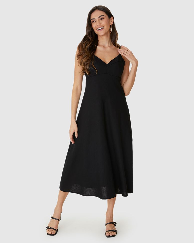 Vestido Midi Feminino Decote V Alça Fina Em Viscolinho