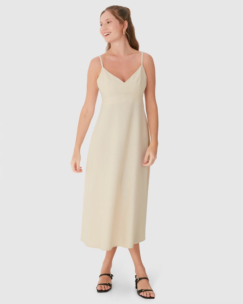 Vestido Midi Feminino Decote V Alça Fina Em Viscolinho