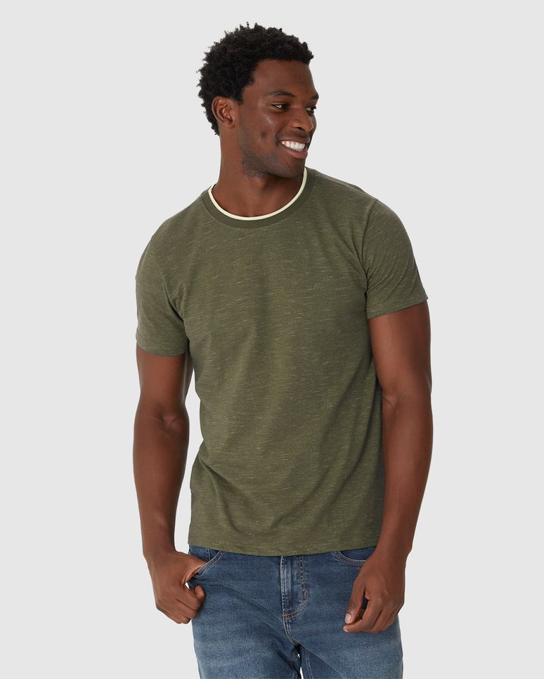 Camiseta Masculina Slim Gola Redonda Contraste Em Malha Listrada Eco