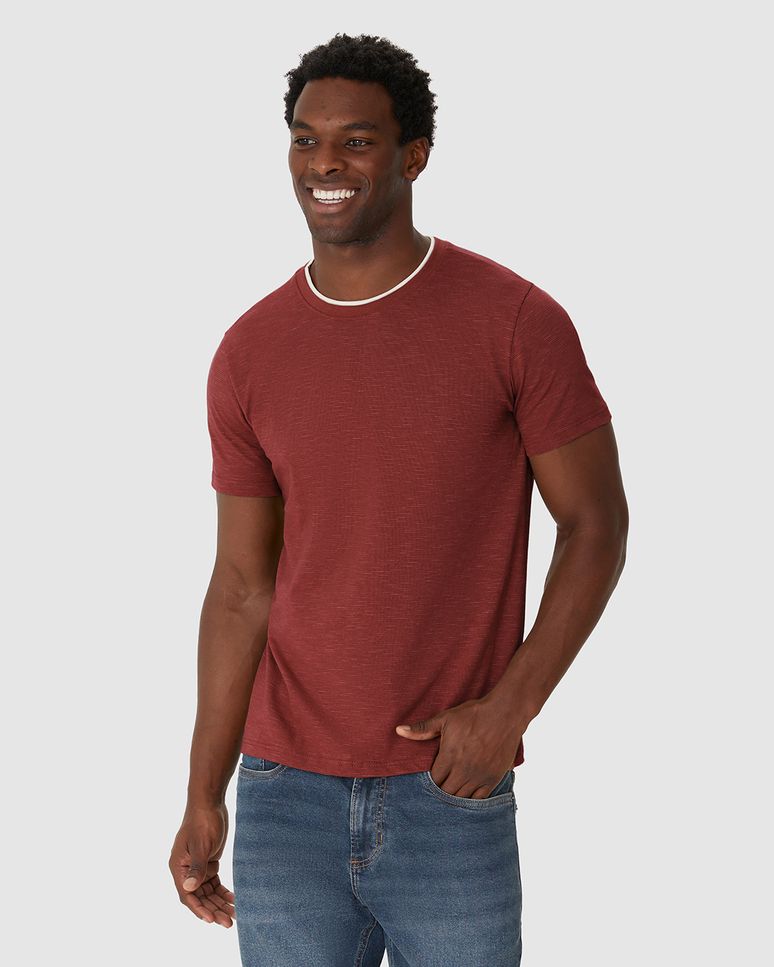 Camiseta Masculina Slim Gola Redonda Contraste Em Malha Listrada Eco