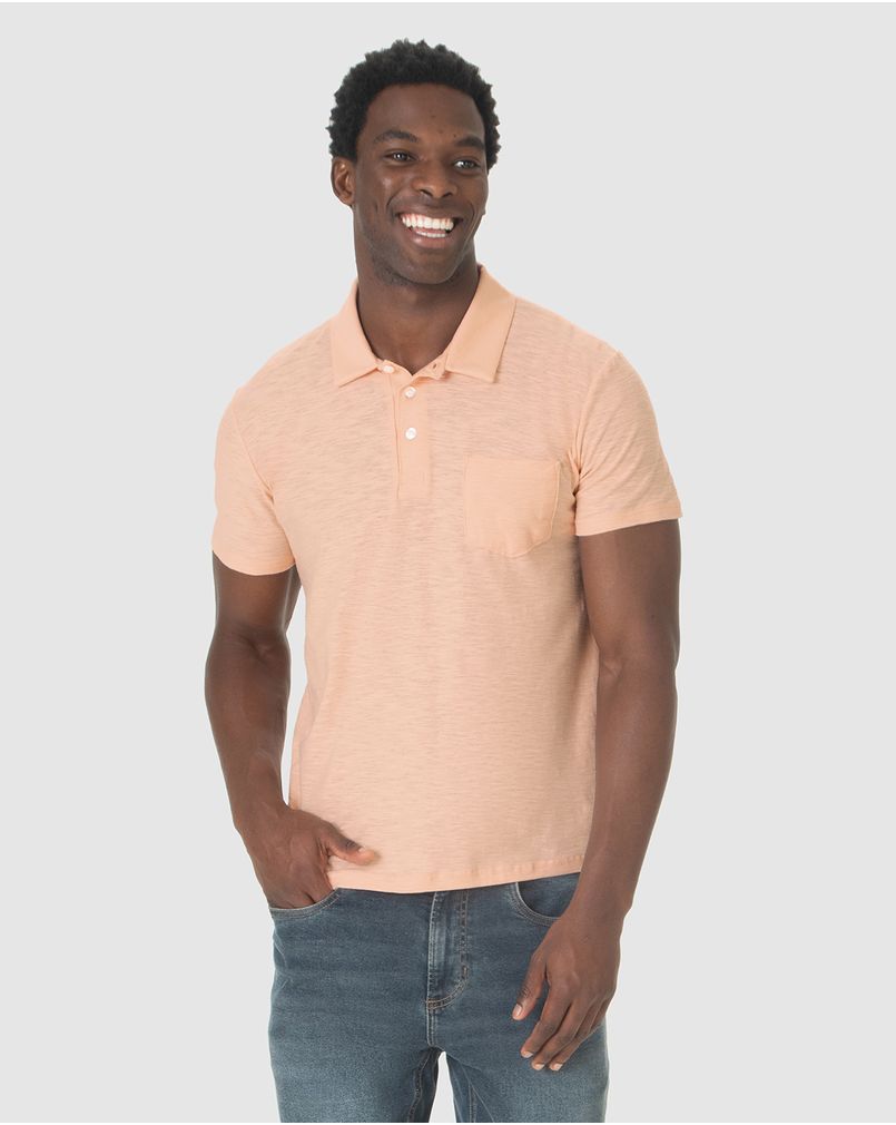 Camisa Polo Masculina Bolso Funcional Em Malha Rajada LARANJA - Malwee