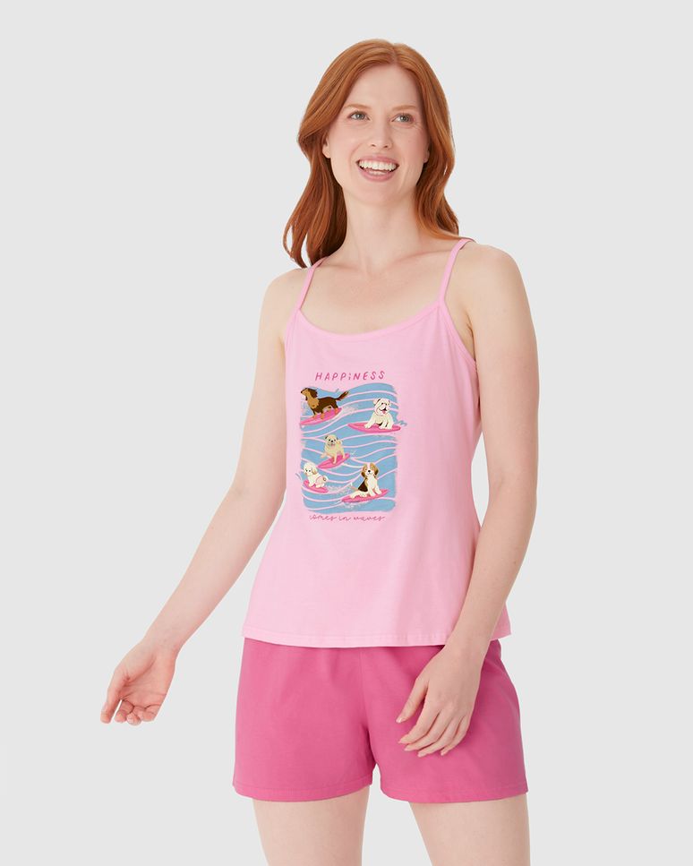 Pijama Curto Feminino Regata Alça Fina Estampa Com Glitter Em Algodão
