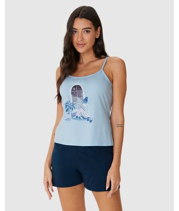 Pijama Curto Feminino Regata Alça Fina Estampa Com Glitter Em Algodão