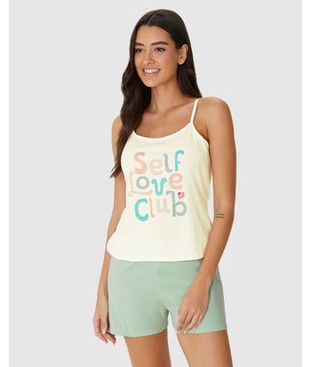 Pijama Curto Feminino Regata Alça Fina Estampa Com Glitter Em Algodão