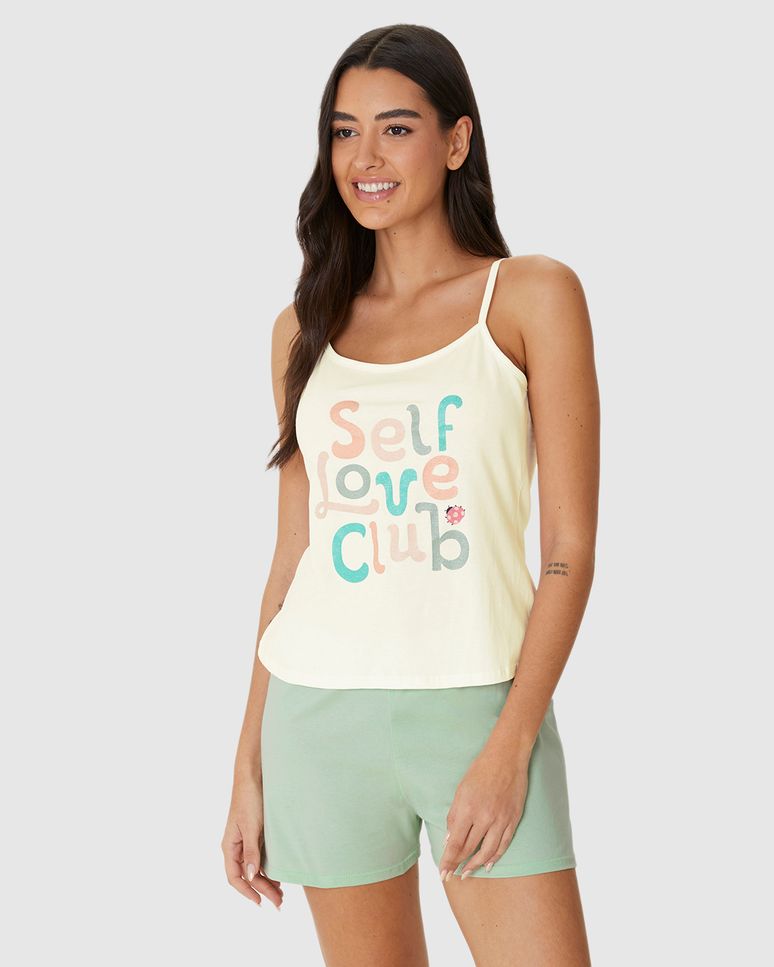 Pijama Curto Feminino Regata Alça Fina Estampa Com Glitter Em Algodão