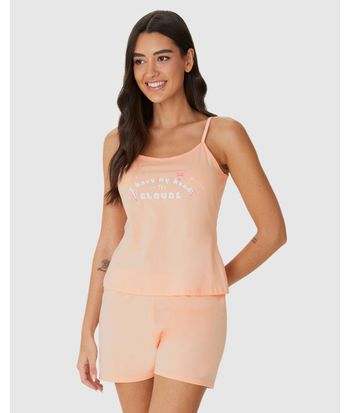 Pijama Curto Feminino Regata Alça Fina Estampa Com Glitter Em Algodão