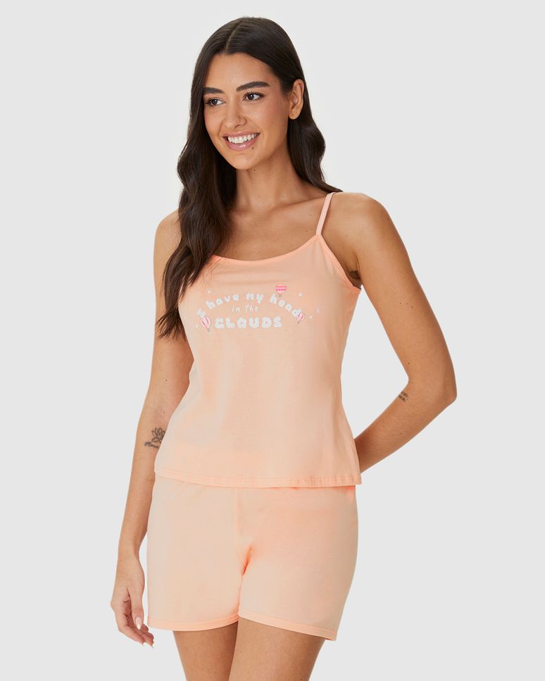 Pijama Curto Feminino Regata Alça Fina Estampa Com Glitter Em Algodão