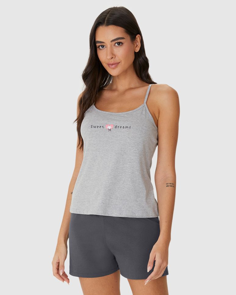 Pijama Curto Feminino Regata Alça Fina Estampa Com Glitter Em Algodão