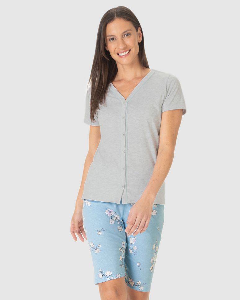 Pijama Curto Feminino Blusa Decote V Abotoamento Frontal Em Algodão