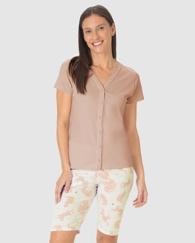 Pijama Curto Feminino Blusa Decote V Abotoamento Frontal Em Algodão