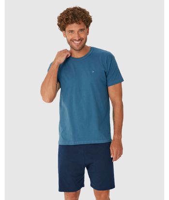Pijama Curto Masculino Camiseta Bordado Peitoral Em Algodão