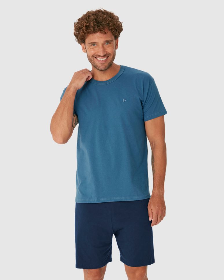 Pijama Curto Masculino Camiseta Bordado Peitoral Em Algodão
