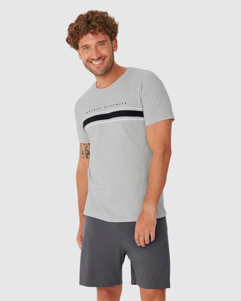 Pijama Curto Masculino Camista Manga Curta Listras Frontais Em Algodão