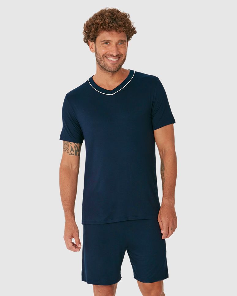 Pijama Curto Masculino Camiseta Decote V Contraste Em Viscose Stretch