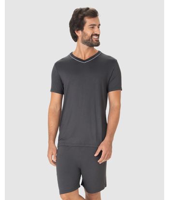Pijama Curto Masculino Camiseta Decote V Contraste Em Viscose Stretch