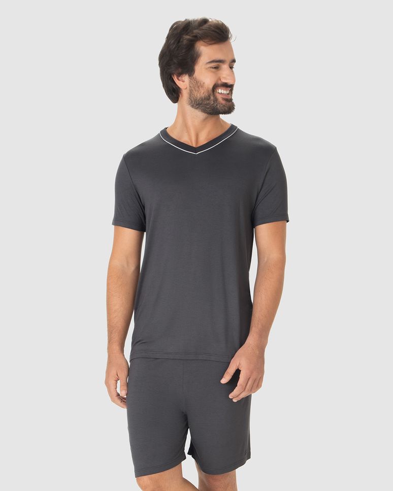 Pijama Curto Masculino Camiseta Decote V Contraste Em Viscose Stretch