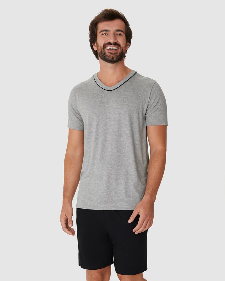 Pijama Curto Masculino Camiseta Decote V Contraste Em Viscose Stretch
