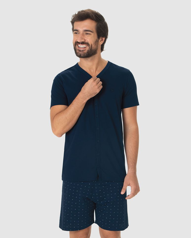 Pijama Curto Masculino Camiseta Decote V Abotoamento Frontal Em Algodão