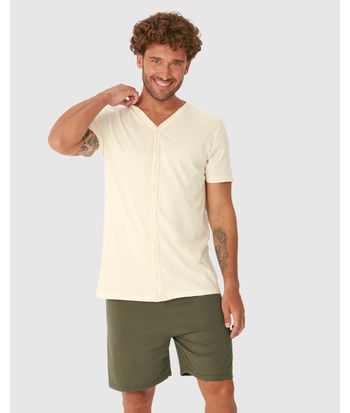 Pijama Curto Masculino Camiseta Decote V Abotoamento Frontal Em Algodão