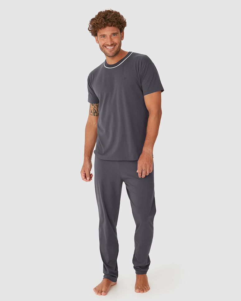 Pijama Longo Masculino Gola Redonda Com Contraste Em Algodão