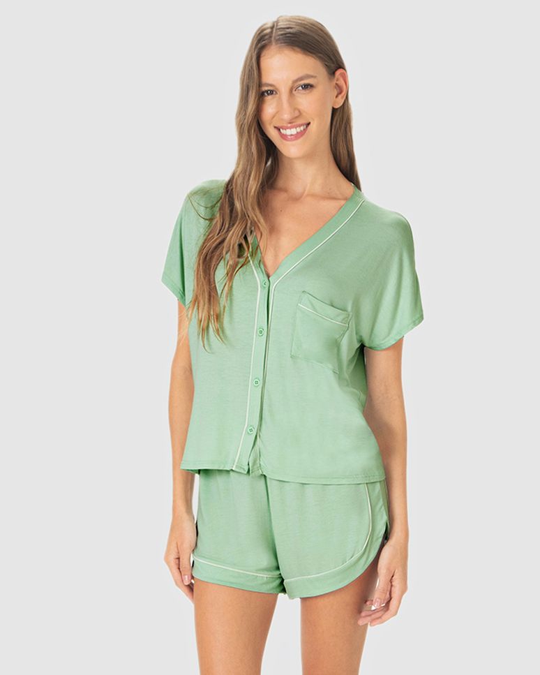 Pijama Curto Feminino Blusa Abotoamento Frontal E Shorts Em Viscose Stretch