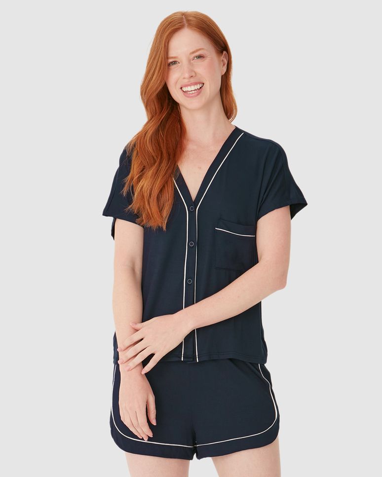 Pijama Curto Feminino Blusa Abotoamento Frontal E Shorts Em Viscose Stretch