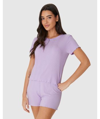 Pijama Curto Feminino Blusa Manga Curta E Shorts Em Malha De Viscose Canelada