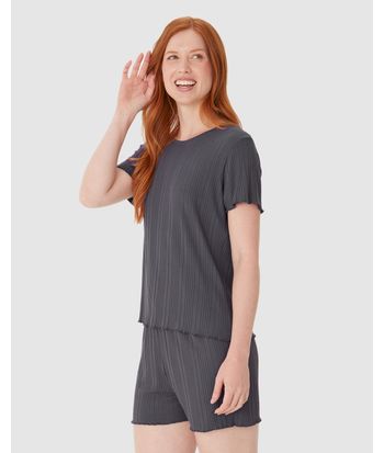 Pijama Curto Feminino Blusa Manga Curta E Shorts Em Malha De Viscose Canelada