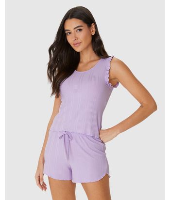 Pijama Curto Feminino Regata Detalhe Babado Em Malha De Viscose Canelada