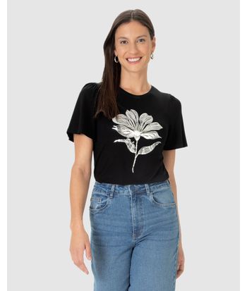 Camiseta Feminina Manga Curta Franzida Estampa Foil Em Viscose Stretch