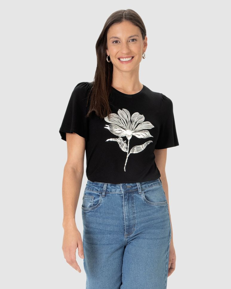 Camiseta Feminina Manga Curta Franzida Estampa Foil Em Viscose Stretch