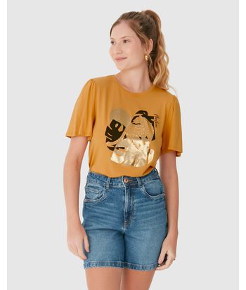 Camiseta Feminina Manga Curta Franzida Estampa Foil Em Viscose Stretch