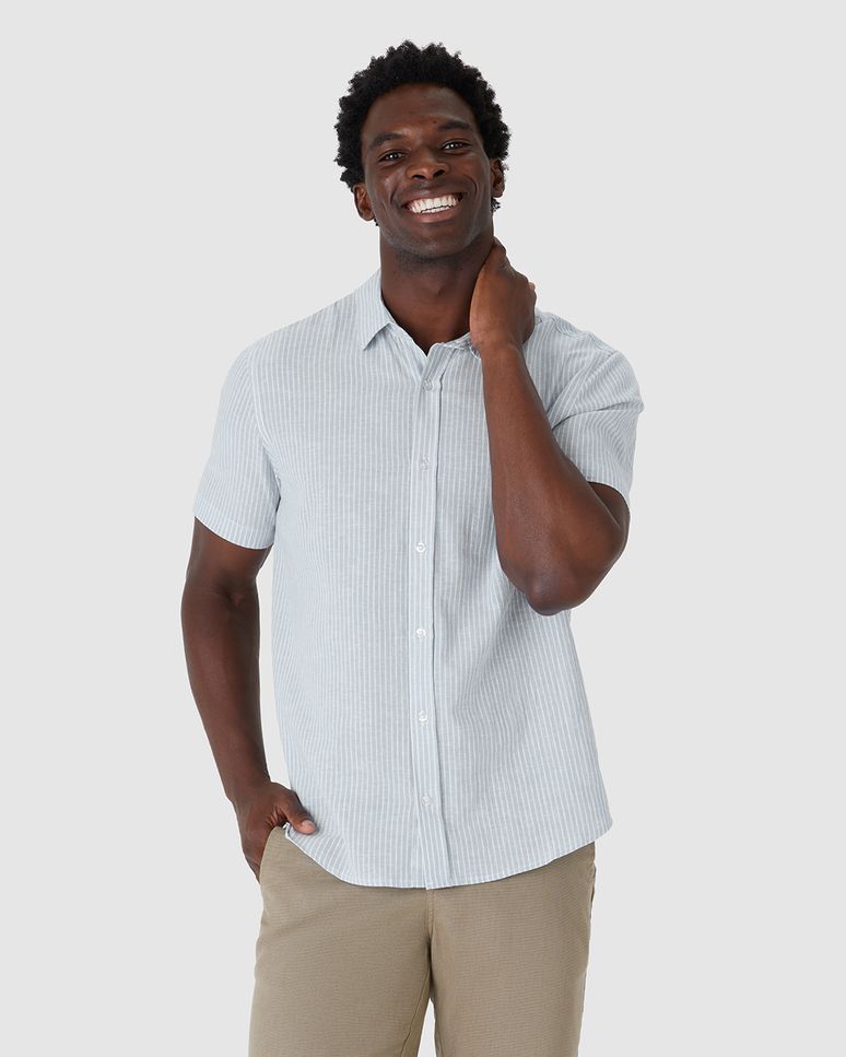 Camisa Masculina Padrão Listrado Em Linho Com Algodão