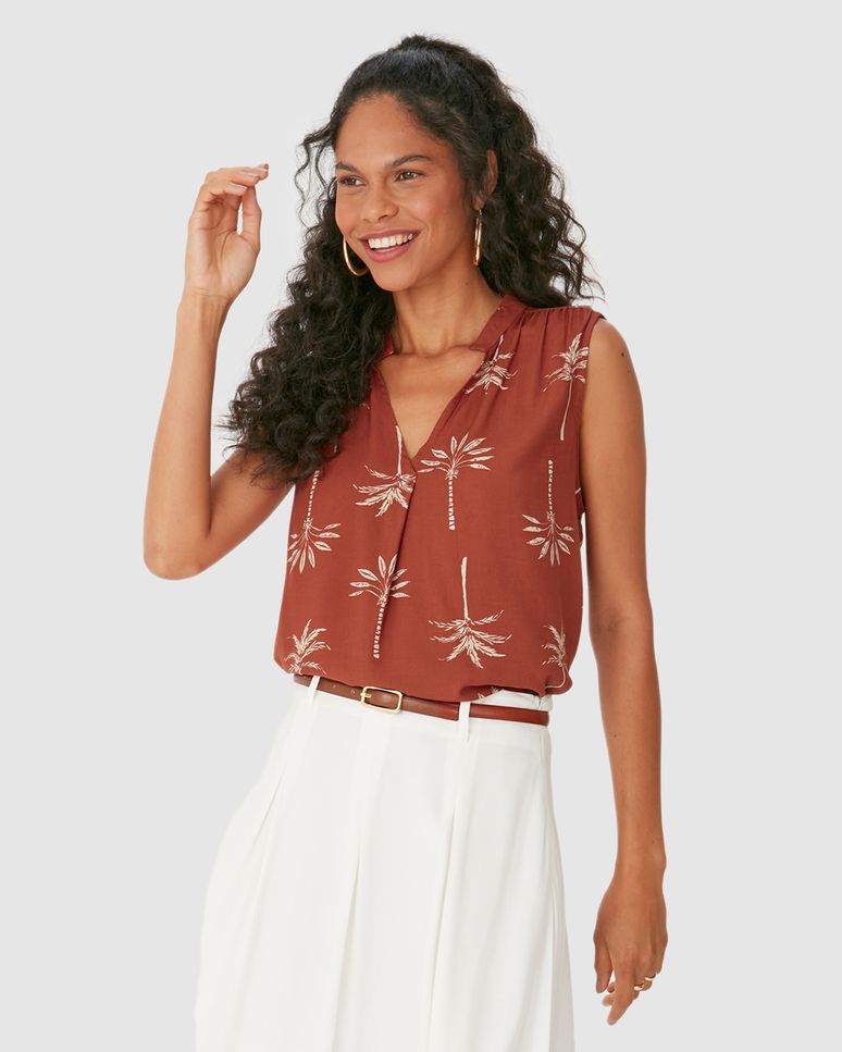 Blusa Feminina Evasê Decote V Sem Manga Em Viscose