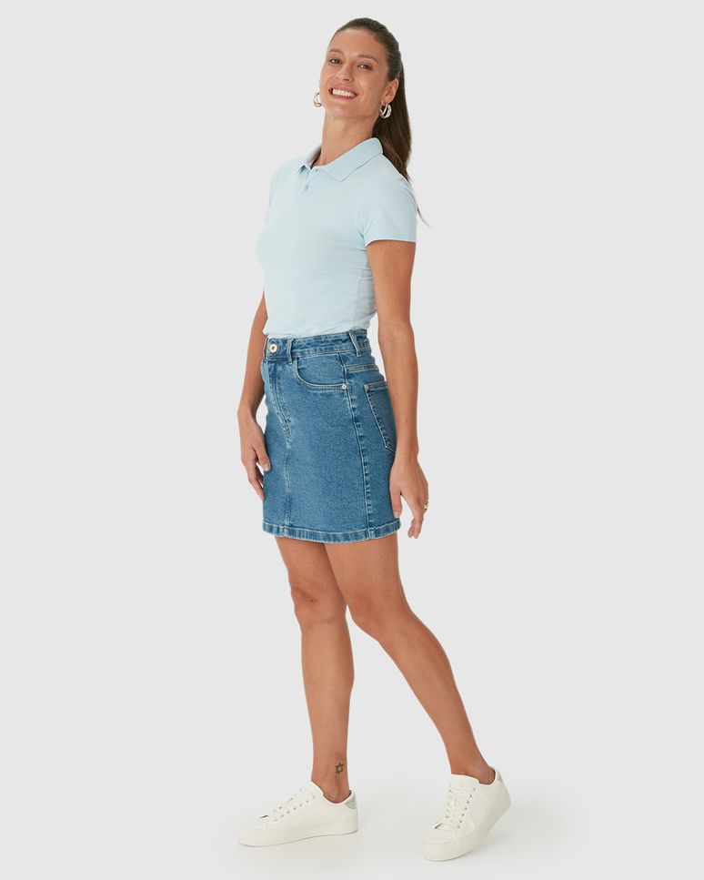 Saia Reta Feminina Cintura Alta Em Jeans Com Elastano
