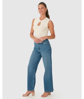 Calça Wide Leg Feminina Cintura Alta Bolso Funcional Em Jeans Com Elastano