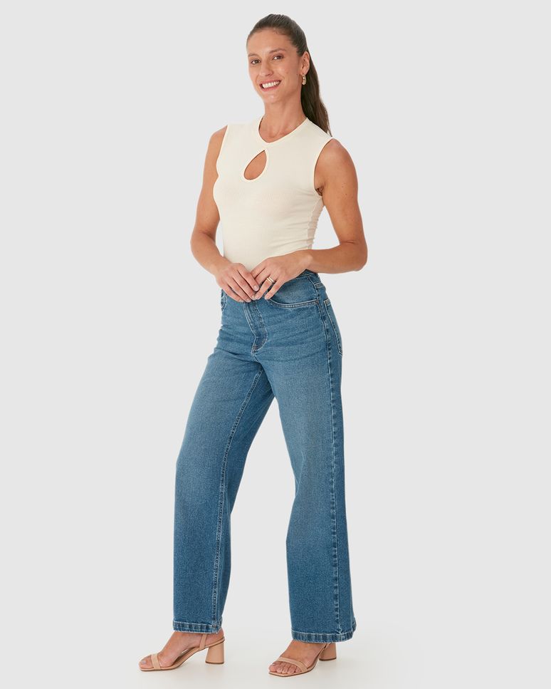 Calça Wide Leg Feminina Cintura Alta Bolso Funcional Em Jeans Com Elastano