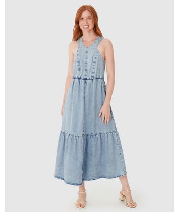 Vestido Feminino Marias Decote V Fenda Frontal Em Jeans Leve