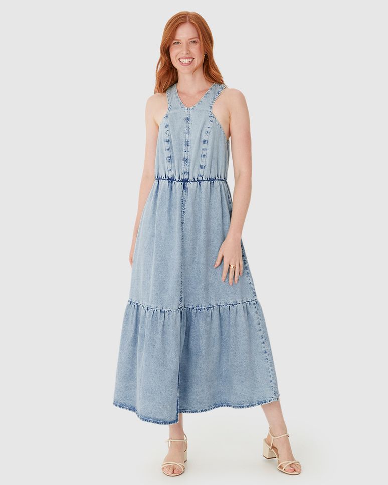 Vestido Feminino Marias Decote V Fenda Frontal Em Jeans Leve