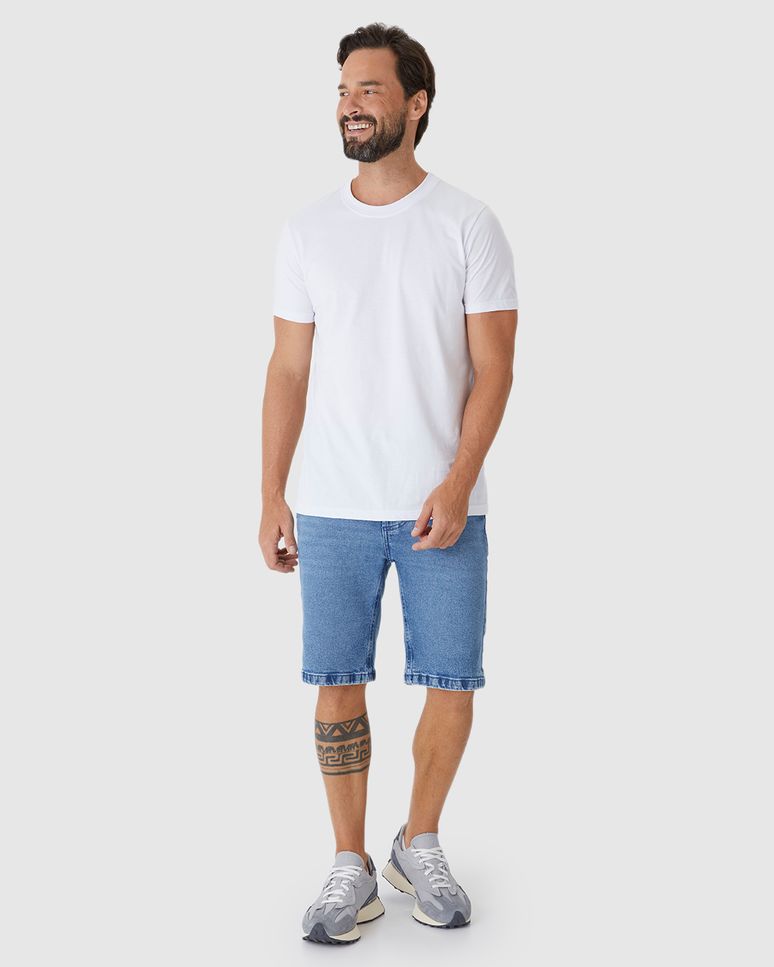 Bermuda Slim Masculina Cintura Média Bolso Funcional Em Jeans Stretch