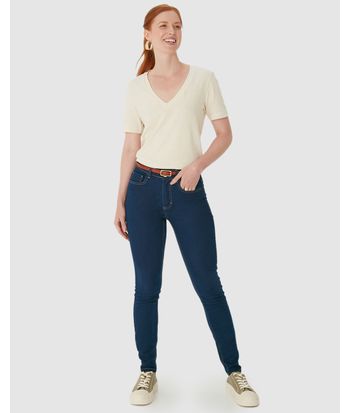 Calça Skinny Feminina Cintura Média Bolso Funcional Em Jeans Stretch