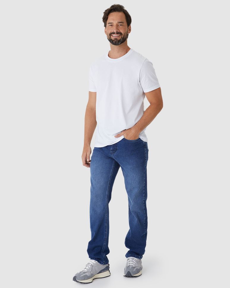 Calça Reta Masculina Cintura Média Em Jeans Moletom Stretch