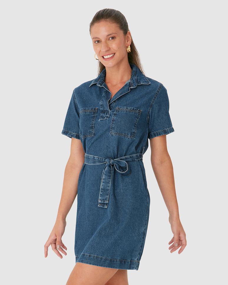 Vestido Polo Feminino Bolso Frontal E Cinto Em Jeans Leve