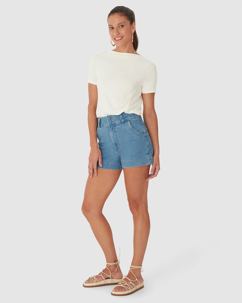 Shorts Feminino Mom Abotoamento Duplo Em Jeans Com Elastano