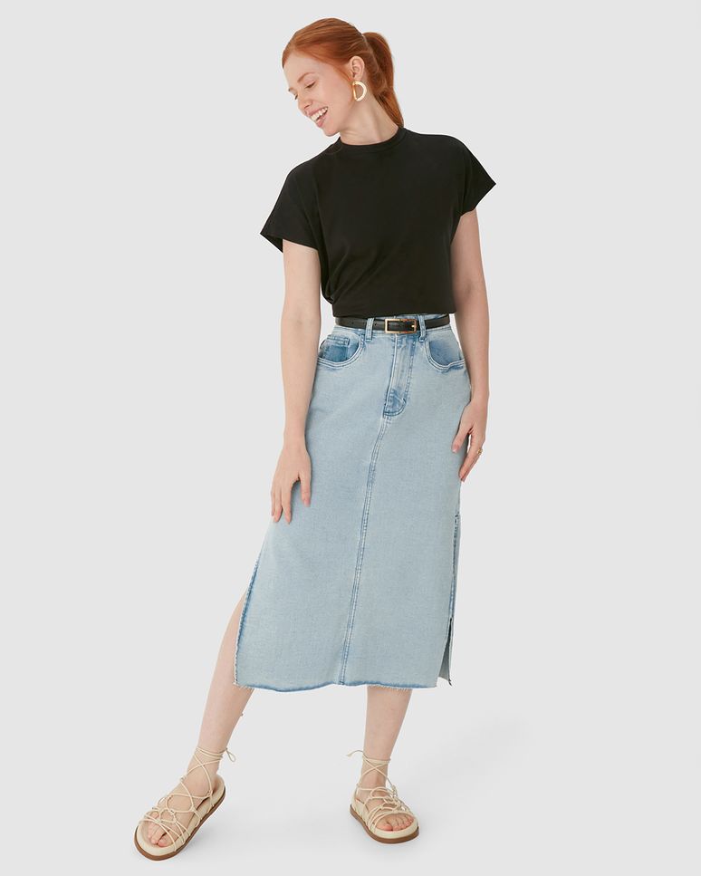 Saia Midi Feminina Fenda Lateral Barra Corte A Fio Em Jeans Com Elastano