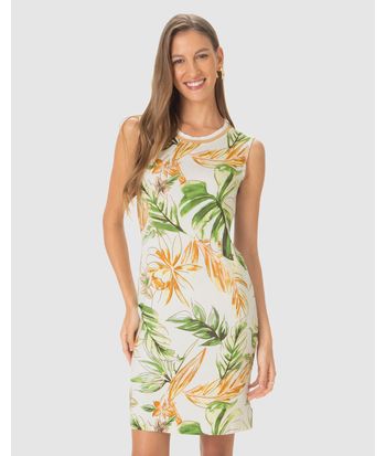 Vestido Feminino Estampado Decote U Retilínea Em Malha Viscolinho Stretch