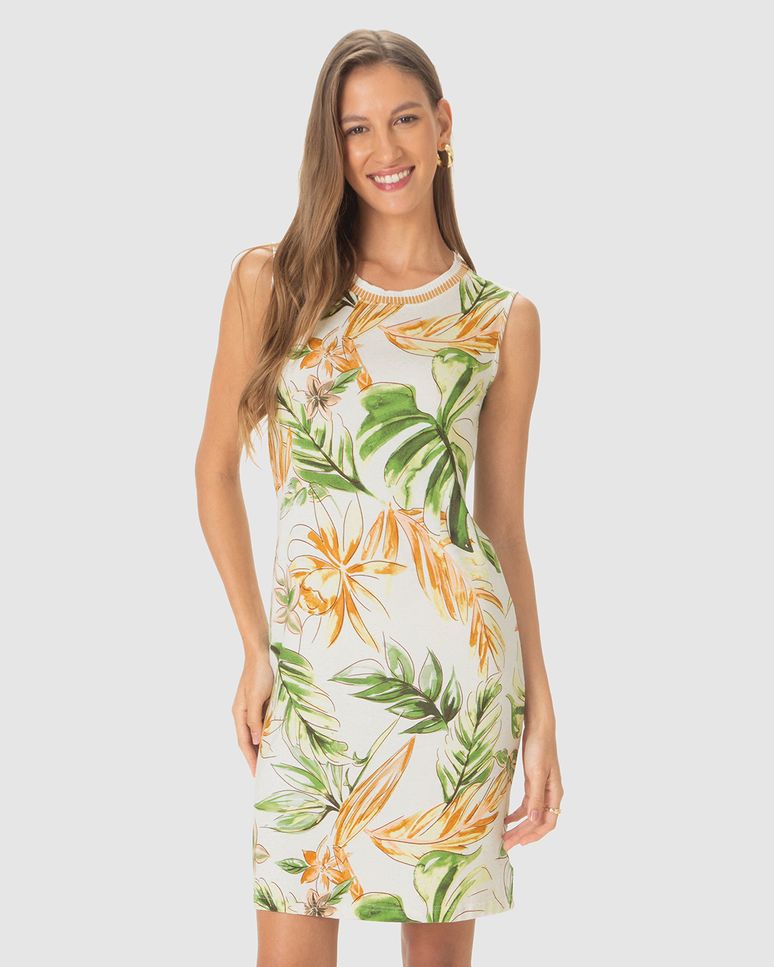 Vestido Feminino Estampado Decote U Retilínea Em Malha Viscolinho Stretch