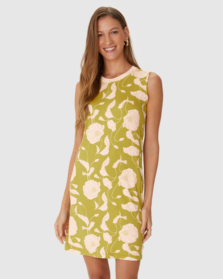 Vestido Feminino Estampado Decote U Retilínea Em Malha Viscolinho Stretch