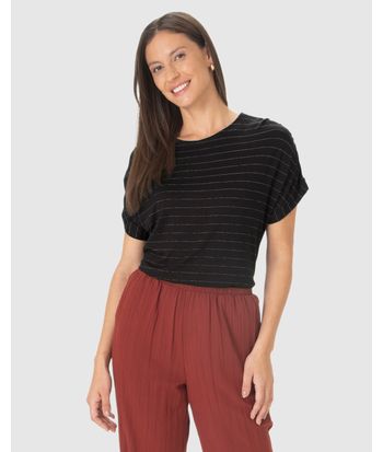 Blusa Ampla Feminina Listrada Manga Curta Em Malha Viscose Texturizada